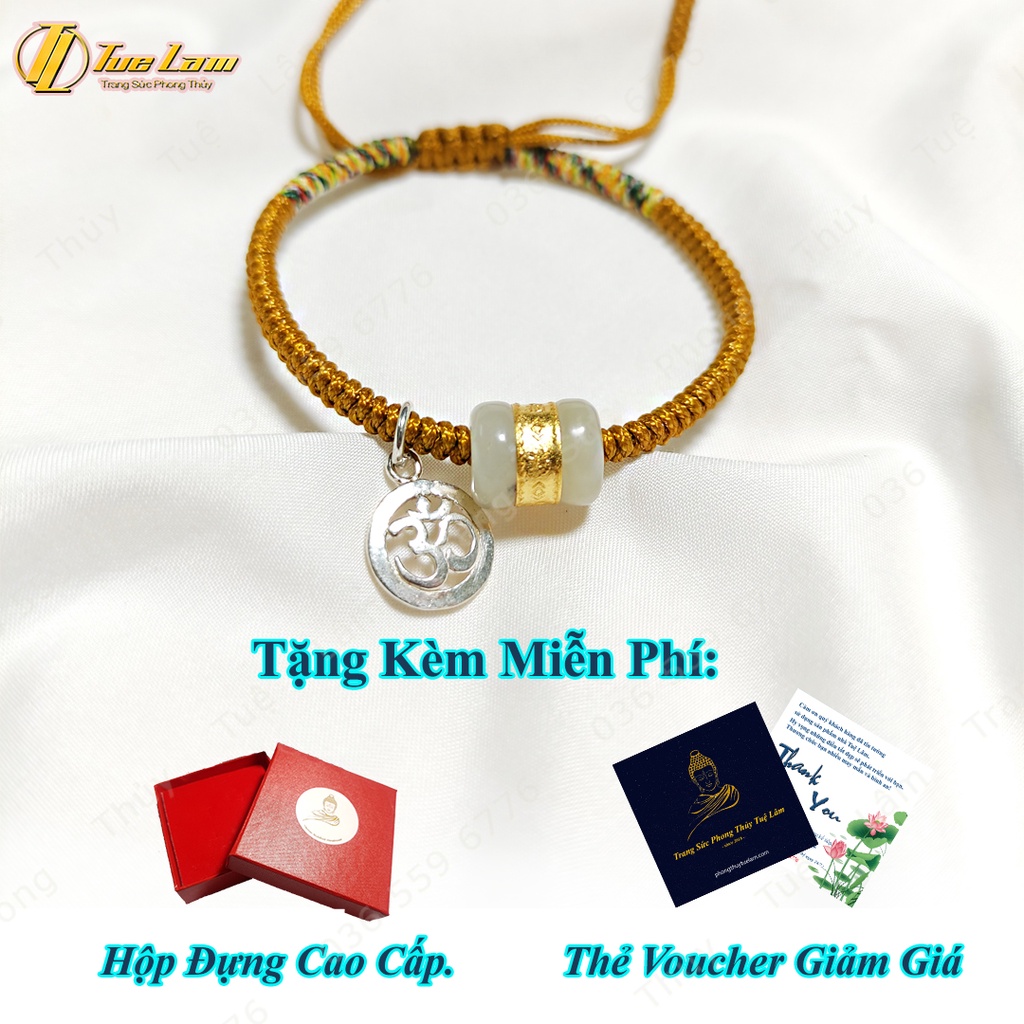 Vòng tay chỉ may mắn 2 đầu ngũ sắc bện lu thống phỷ thúy mix charm bạc OM - Tuệ Lâm