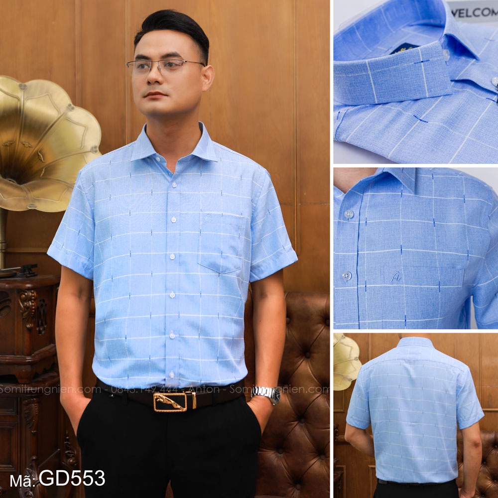 Áo Sơ Mi Nam Công Sở Trung Niên Thương Hiệu Anton Màu Xanh Dương Họa Tiết Kẻ Sọc Trắng Vải Cotton – XGD553