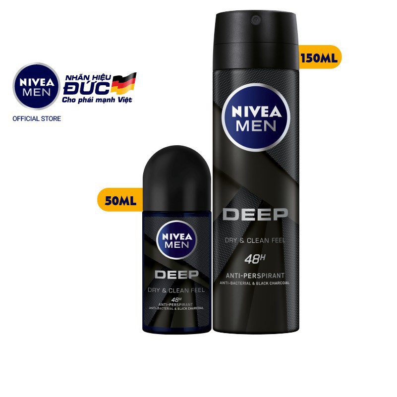 Bộ đôi NIVEA MEN Xịt ngăn mùi Deep than đen hoạt tính (150ml) - 80027 và Lăn ngăn mùi Deep than đen hoạt tính (50ml)