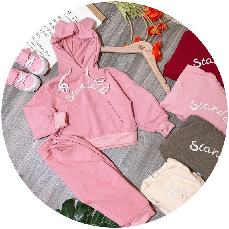 Đồ bộ bé gái có mũ lót nỉ ấm bộ bé gái thu đông màu hồng