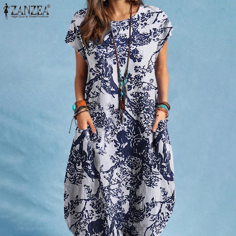 Đầm ZANZEA tay ngắn có túi cỡ lớn phong cách vintage thời trang cho nữ