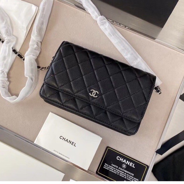 Túi đeo chéo nữ WOC katun mini khoá bạc size mini da sần hạt fullbox có hộp