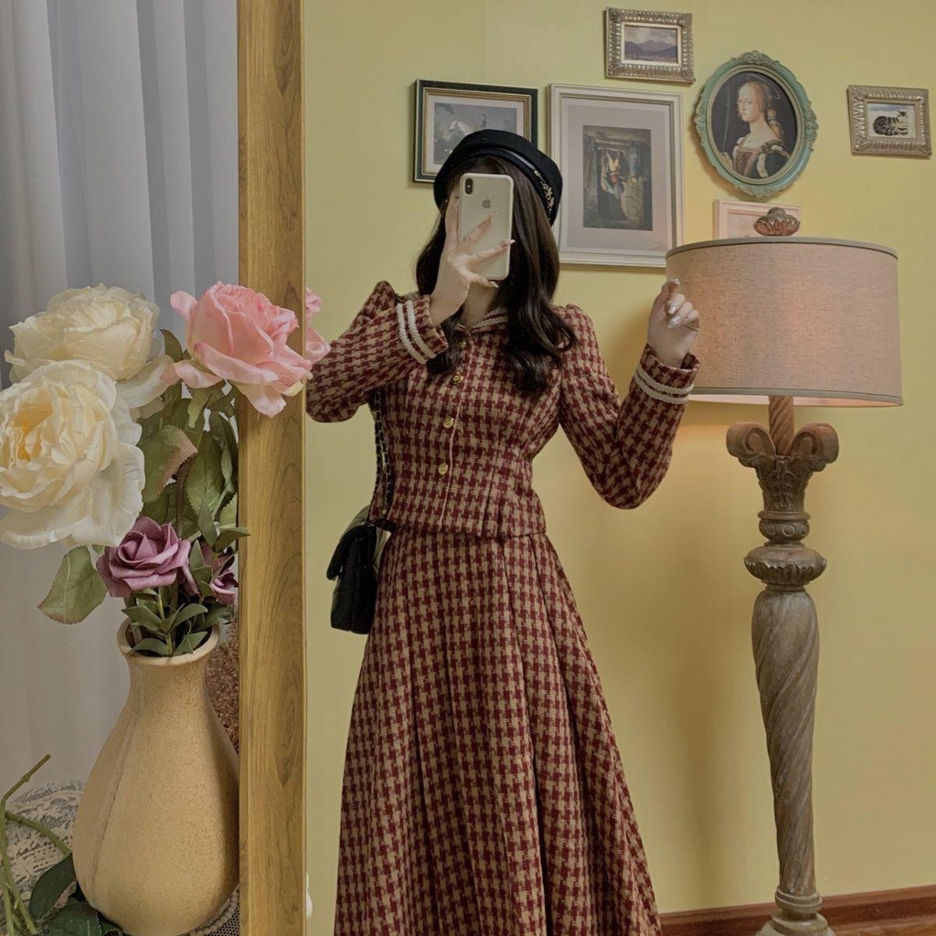 Bộ Áo Khoác + Chân Váy Xếp Ly Lưng Cao Sọc Ca Rô Thời Trang Giáng Sinh / Năm Mới Cho Nữ sm