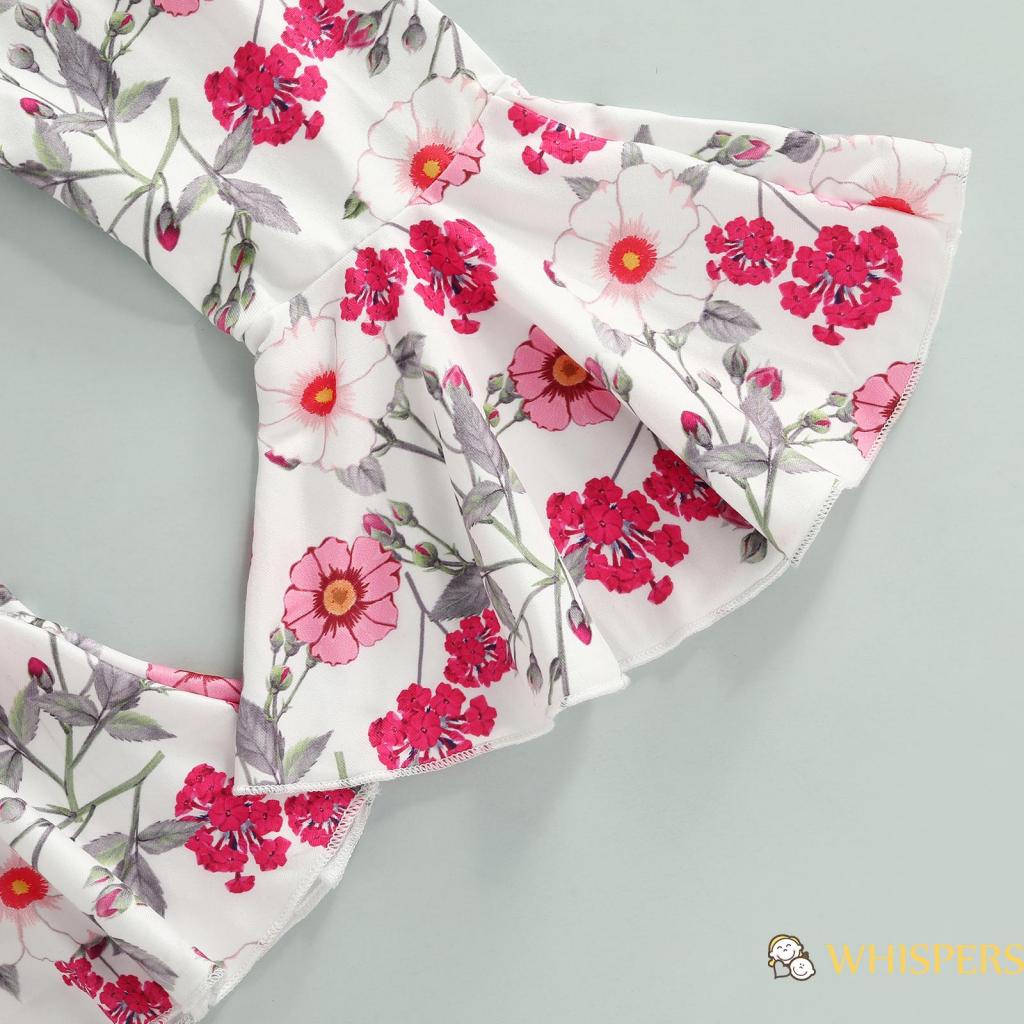 Set Đồ 2 Món Gồm Áo Yếm Cổ Yếm Sát Nách + Quần Dài Ống Loe In Họa Tiết Hoa Cho Bé Gái