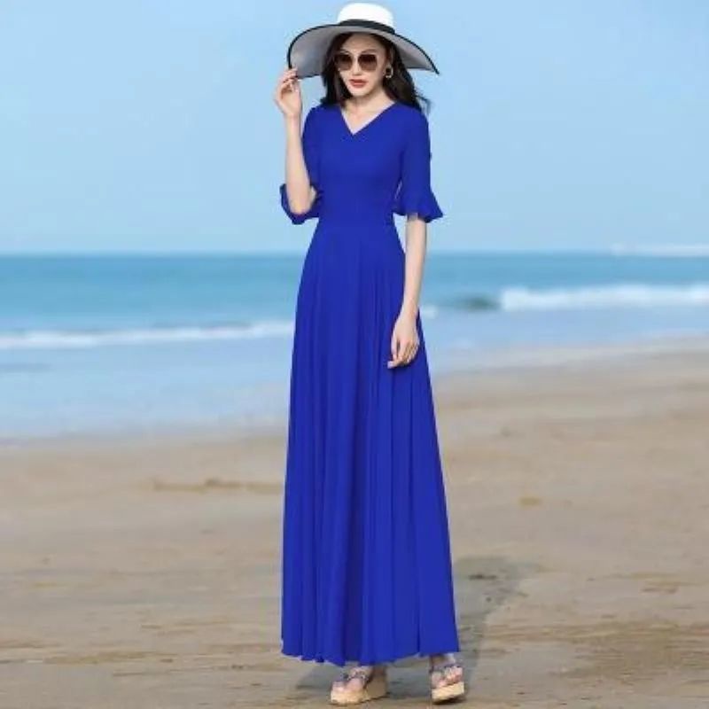 Đầm Voan Hai Lớp Dáng Dài Màu Sắc Trơn Thời Trang Đi Biển Dành Cho Nữ
