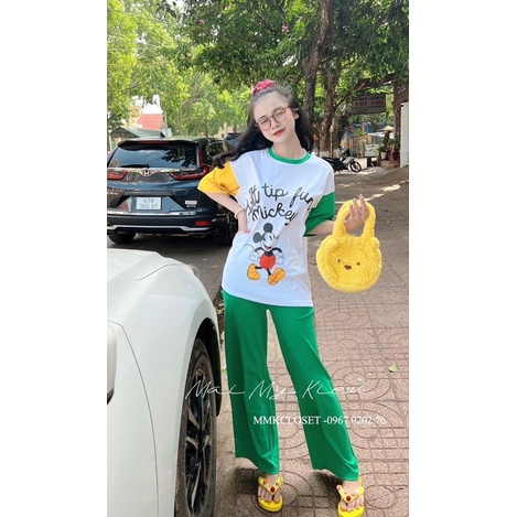 ( Xã kho)Set quần suông áo cotton micky phối viền xinh xắn