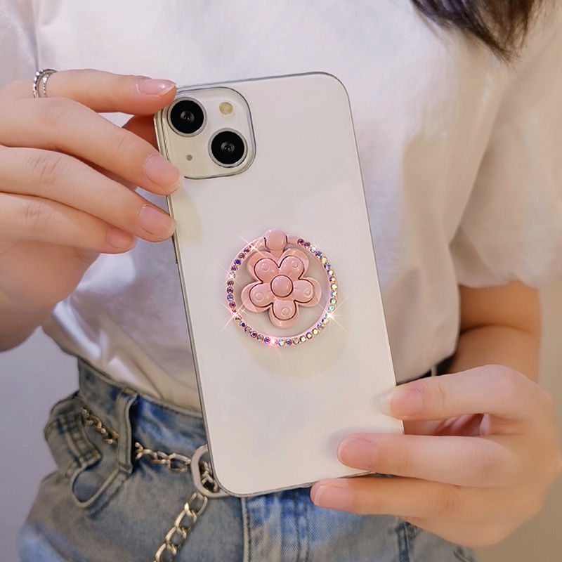 Giá Đỡ Điện Thoại Dạng Nhẫn Hình Hoa Đính Đá Đa Năng Xoay 360 Độ