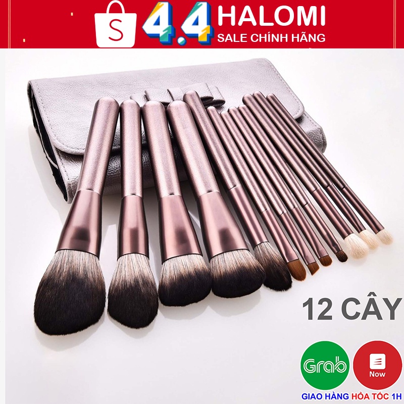 Bộ cọ trang điểm 12 cây thân bạc tím lông thú siêu mềm có bao da đựng chính hãng HALOMI