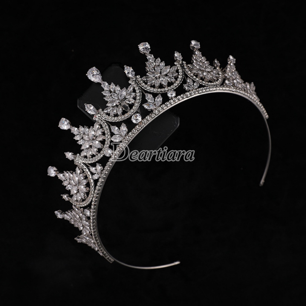 Vương Miện Trắng Dáng Tròn Đính Đá Zircon Thời Trang Cho Cô Dâu