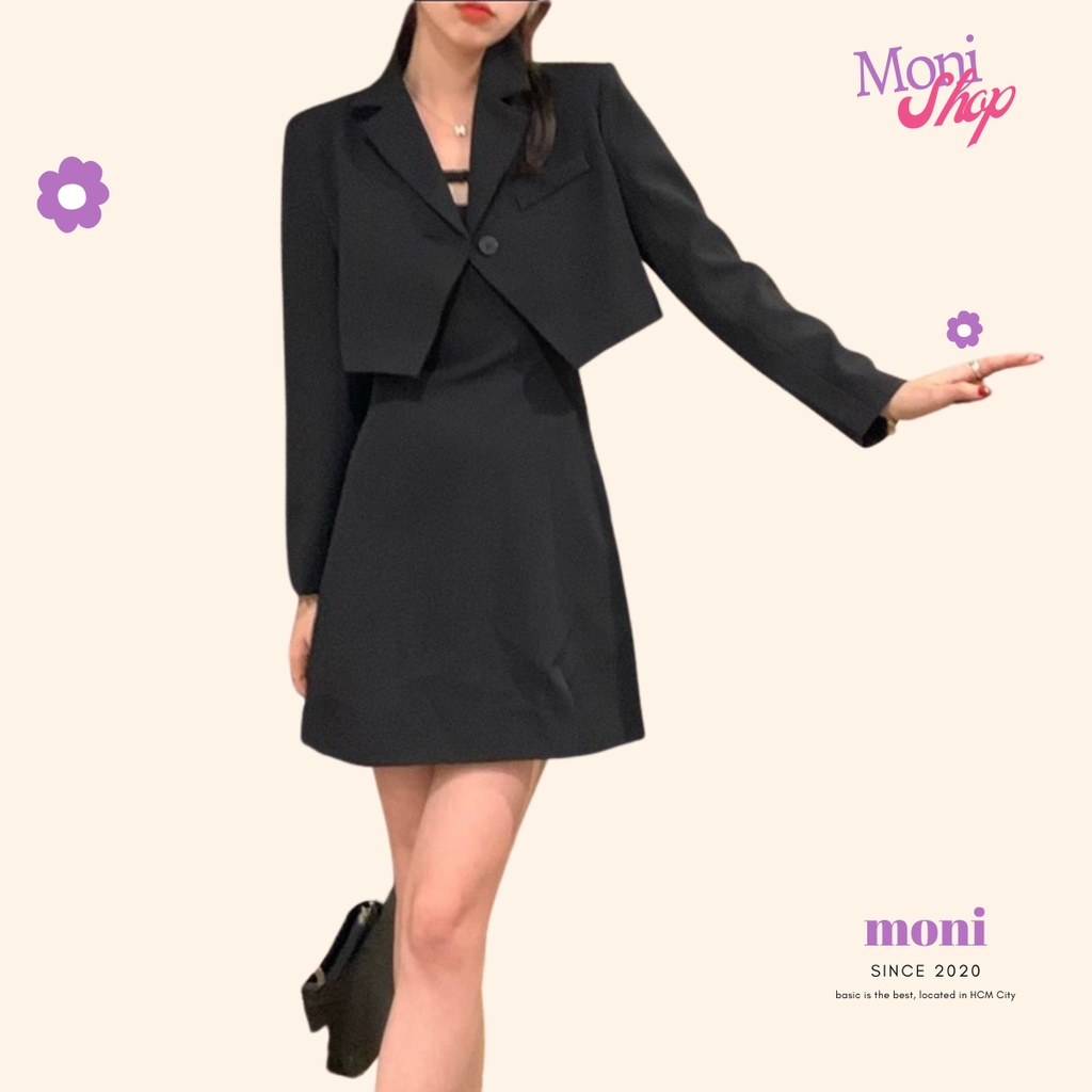 Set váy 2 dây ôm body đen xẻ đùi kèm áo vest croptop tay dài
