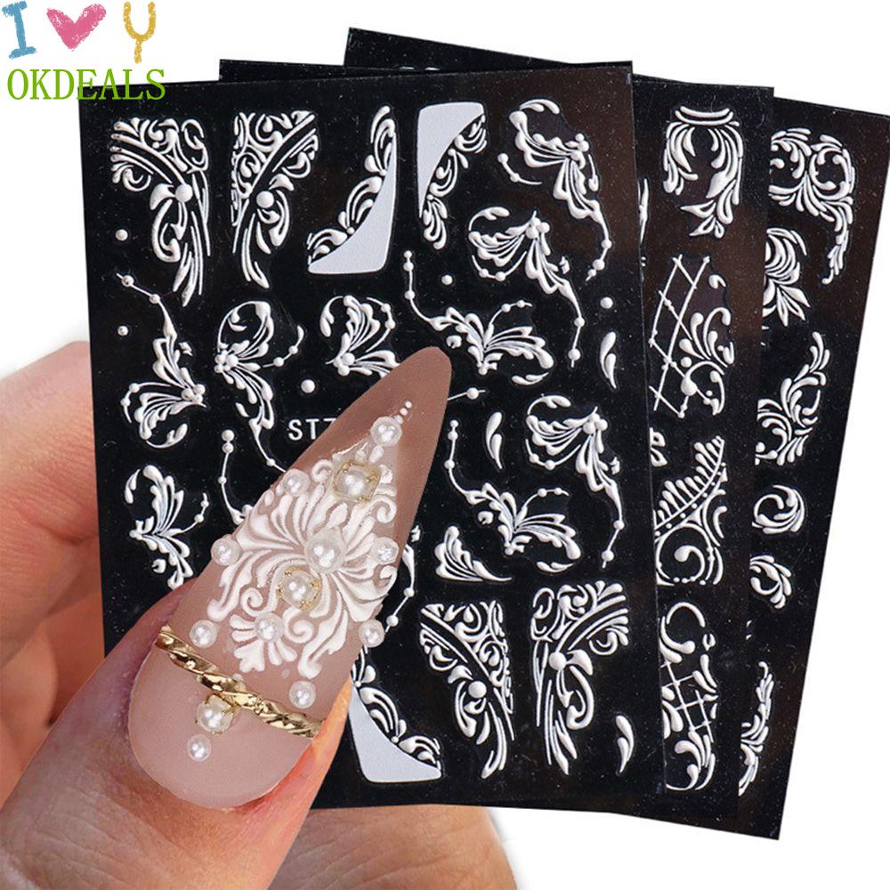 [Hàng mới về] Miếng dán móng 5D màu trắng dập nổi hoa văn tinh tế DIY