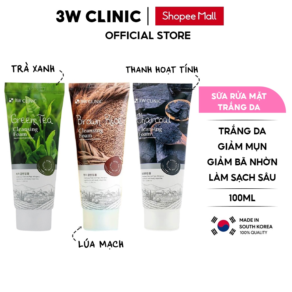 Sữa rửa mặt trắng da 3W Clinic Hàn Quốc chiết xuất từ thiên nhiên giúp sạch khuẩn trắng da giảm dầu mụn 100ml