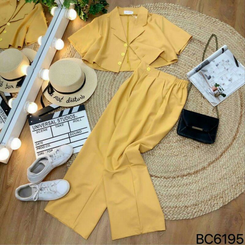 Set bộ quần ống rộng áo croptop nút gài giả vest siêu sang chảnh