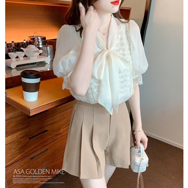 Áo Chiffon Phối Ren Cột Nơ Thời Trang Mùa Hè Xinh Xắn Cho Nữ