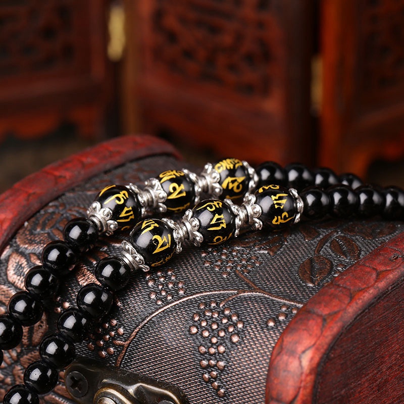 Vòng Tay Xâu 108 Hạt Đá obsidian Tự Nhiên 6mm Bốn Vòng Thời Trang Cho Nam Và Nữ