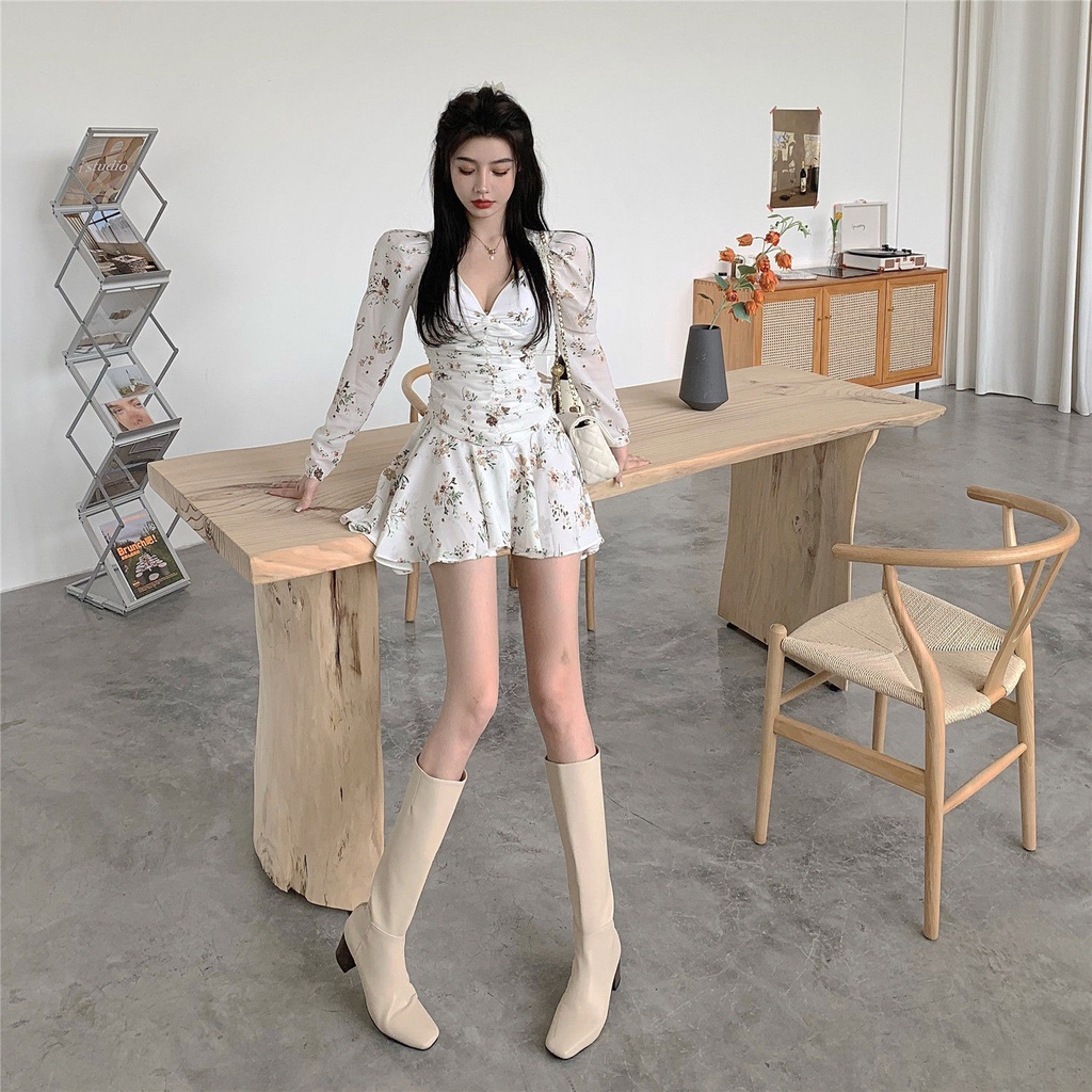 Đầm nữ cổ chữ V in hoa phong cách retro kiểu mới