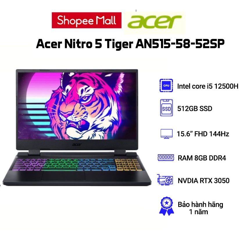 Laptop Acer Nitro 5 Tiger AN515-58-52SP (i5-12500H|8GB|512GB|3050|15.6'144Hz|Win11