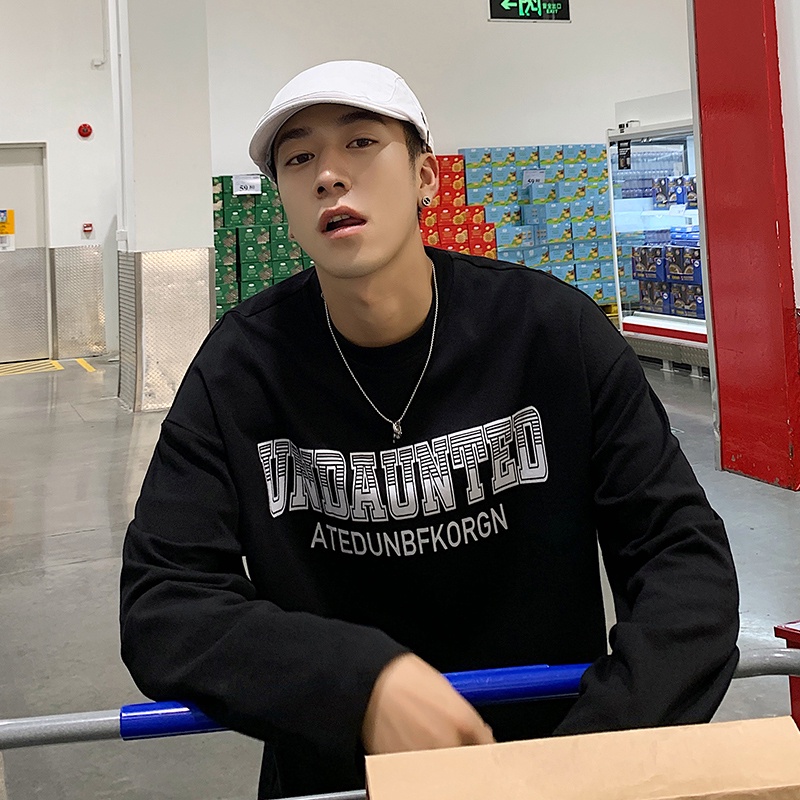 Áo thun tay dài dáng rộng in chữ phong cách Hàn Quốc thời trang cho nam size M-5XL