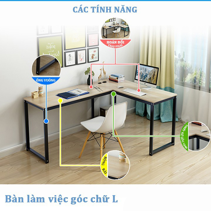 Bàn Làm Việc Chữ L- Bàn Học Chư L- Khung Thép Chân Chữ U