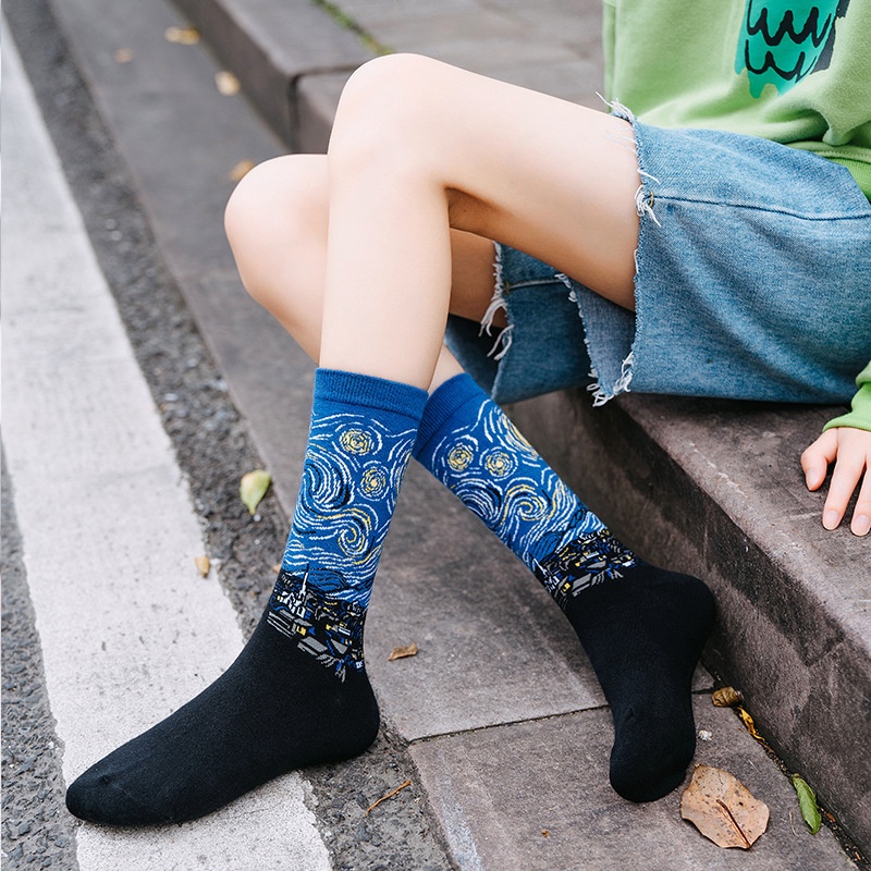 Đôi Vớ In Hình Tranh Sơn Dầu Van Gogh Nghệ Thuật Mùa Thu Đông Retro Mới Của Nữ