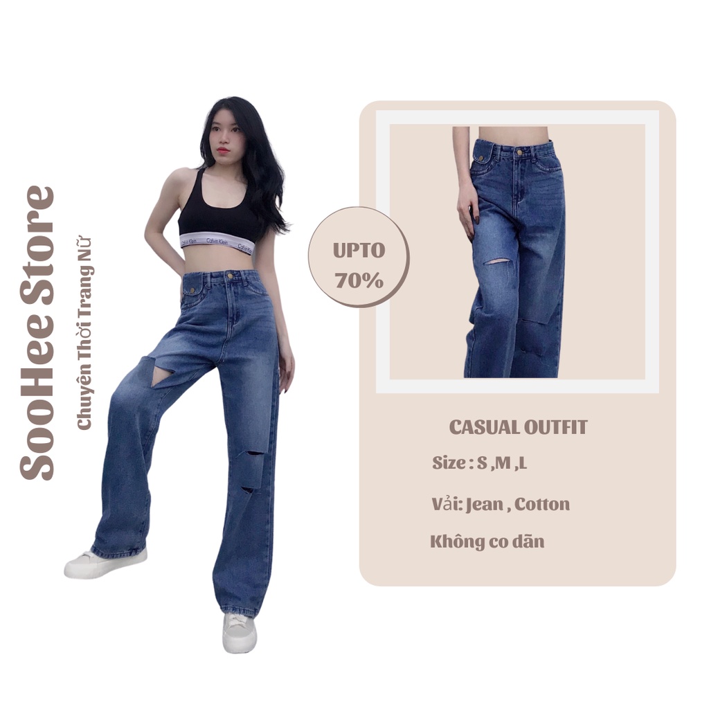 quần bò nữ ống rộng , dáng suông , rách gối , túi cạp, chất vải không co giãn