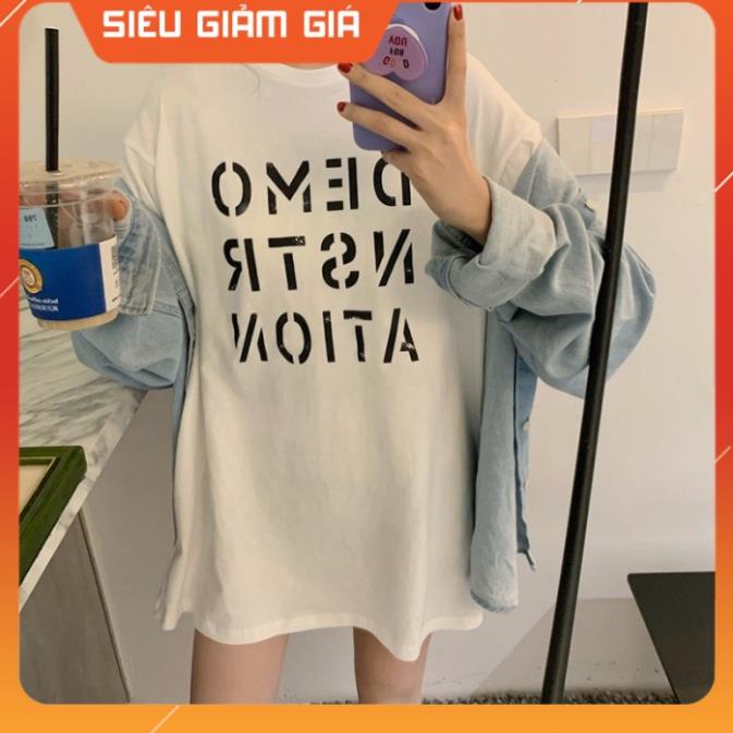 Áo phông nữ tay lỡ form rộng hot chất đẹp dáng basic co dãn in DEMO cá tính 5 màu tự chọn freesize