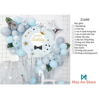 BACKDROP XANH XÁM PASTEL - Combo bong bóng trang trí sinh nhật dễ thương cho bé (Đầy đủ phụ kiện)
