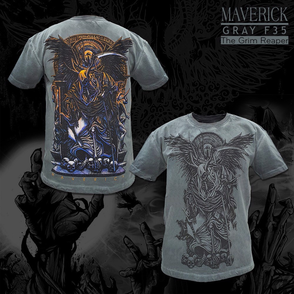 Áo thun xám xanh wash rock In Lụa Thần Chết Grim Reaper - size lớn oversize bigsize - chất xuất mỹ form unisex nam nữ