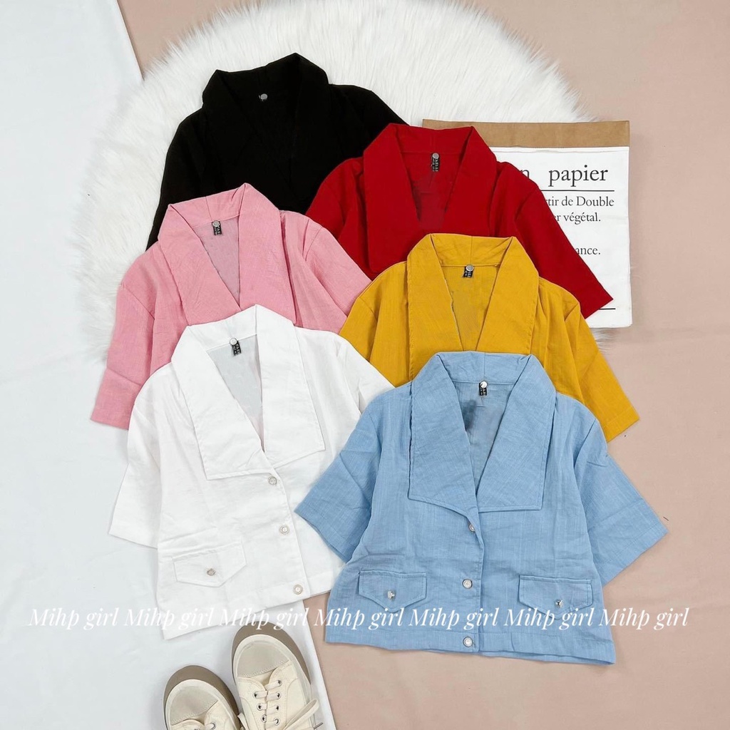 Áo croptop cổ vest áo croptop nữ tay ngắn vải đũi hàn 2 túi giả 3 nút