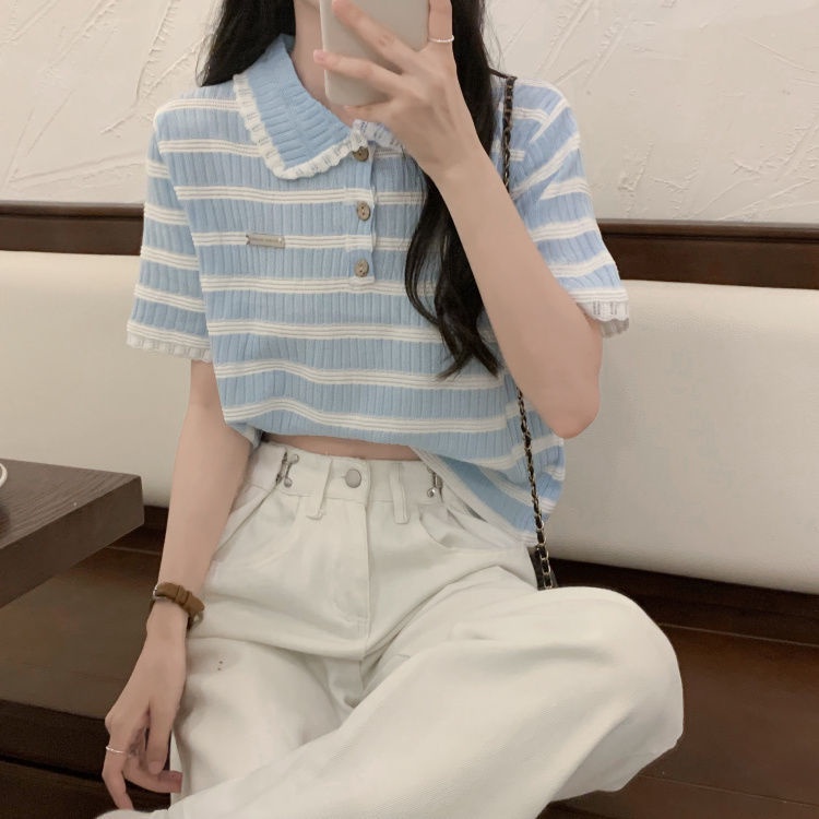 Áo polo Dệt Kim Tay Ngắn Họa Tiết Kẻ Sọc Màu Sắc Tương Phản Thời Trang Mùa Hè 2022 Cho Nữ