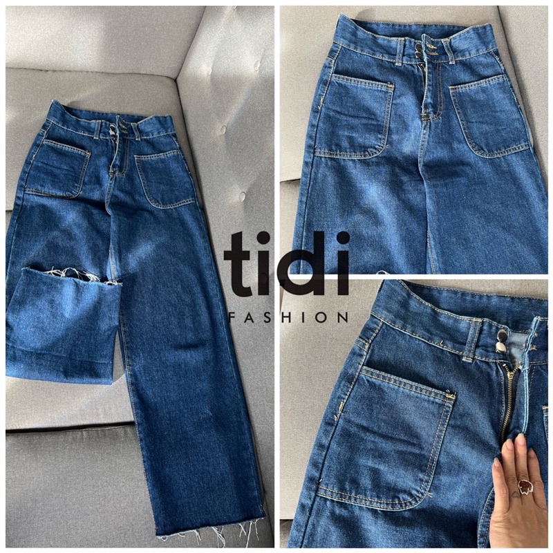 Quần jean nữ ống rộng TiDi cạp cao 2 túi trước chất bò dầy dặn trẻ trung