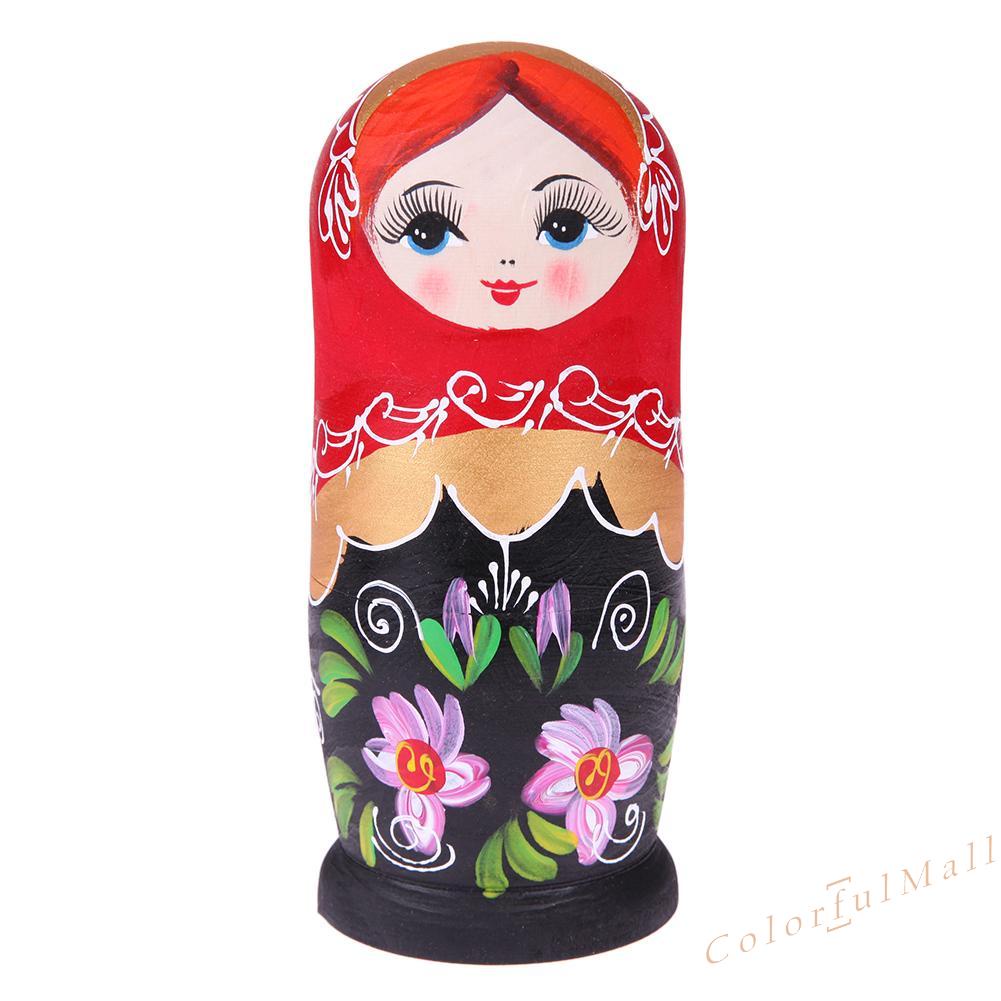 （ColorfulMall）   5pcs Funny Black Red Girl Russian Matryoshka Set Wooden Nesting Dolls Crafts Gift