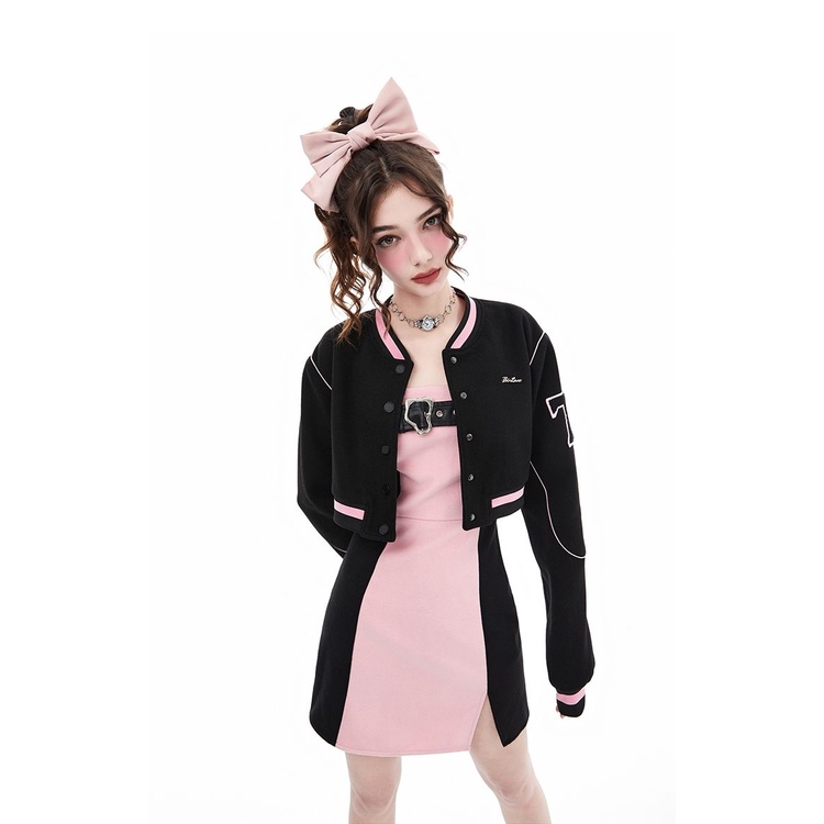 Set Đầm Hai Dây Phối Áo Khoác Màu Sắc Tương Phản Thời Trang Mùa Thu Cho Nữ