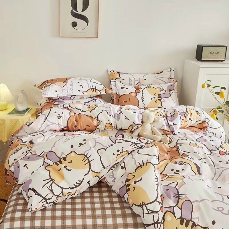 Bộ chăn ga gối Poly Cotton Mèo Thỏ nhí nhố đáng yêu (Tặng vỏ gối ôm) - Miễn phí bo chun