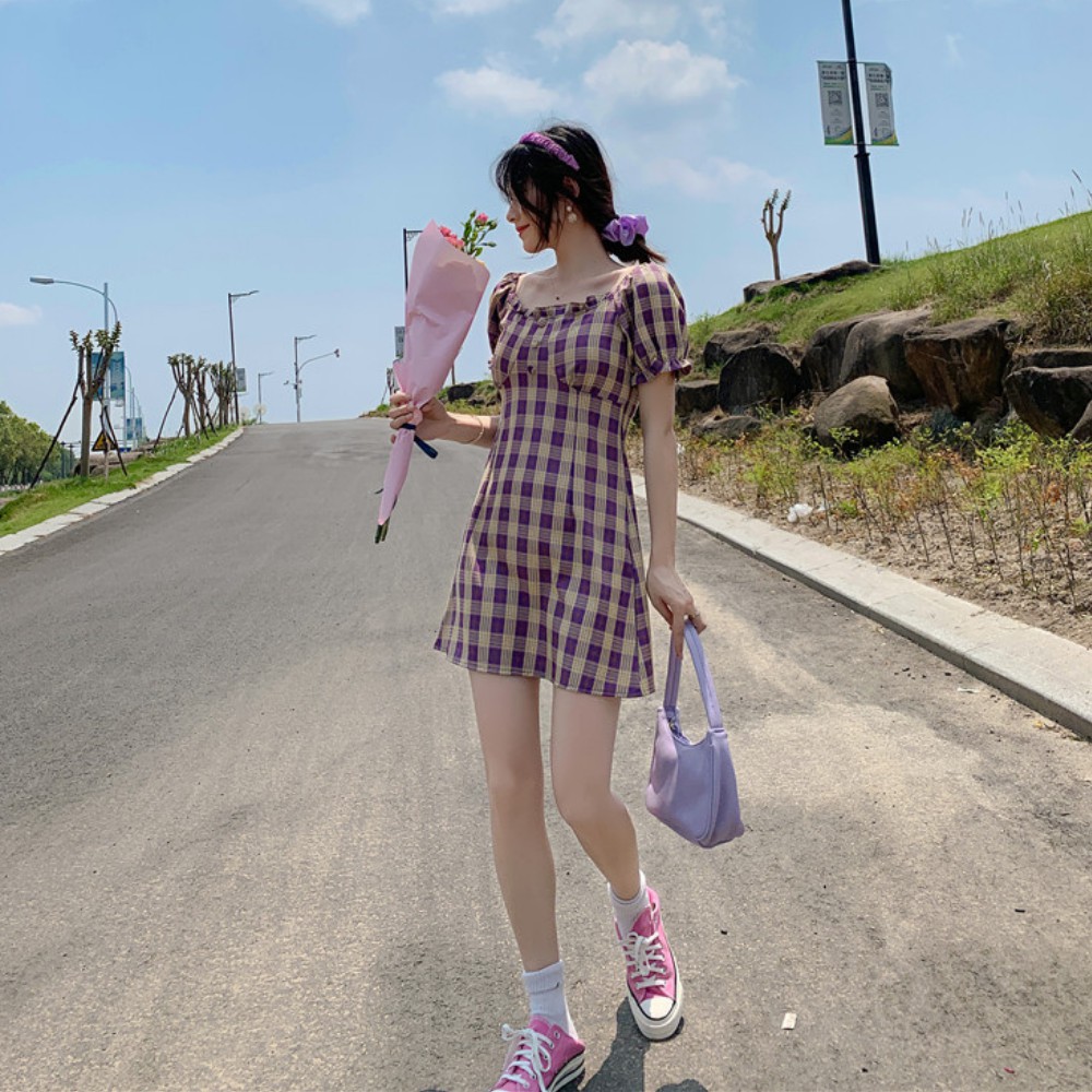 Váy nữ , váy đầm nữ váy kẻ sọc caro dáng ngắn chữ A tay bồng nữ tính ATILA SHOP | BigBuy360 - bigbuy360.vn