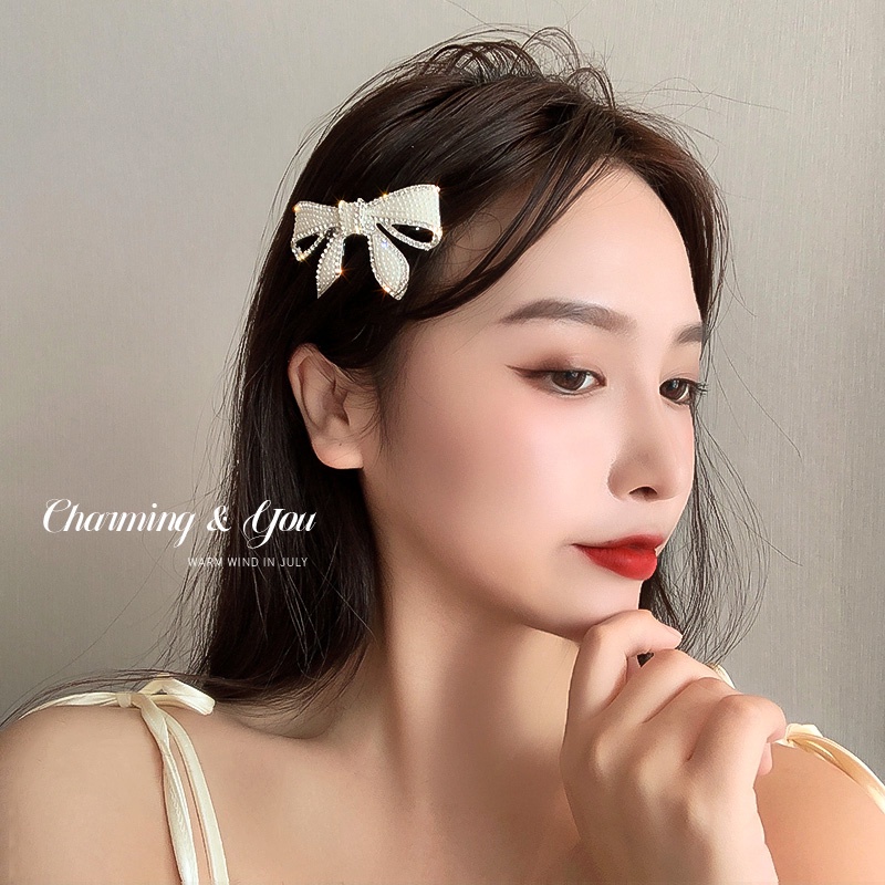 ✨✨Kẹp Tóc Hình Nơ Đính Đá Và Ngọc Trai Phong Cách Hàn Quốc Cho Nữ