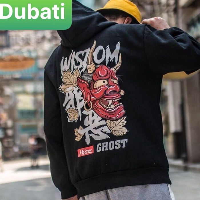 Áo Khoác Nỉ - Aos Hoodie Tay Dai From Rộng Phối Nón Kiểu Mới Mặt Quỷ Đỏ Đầu Sừng- DUBATI FASHION