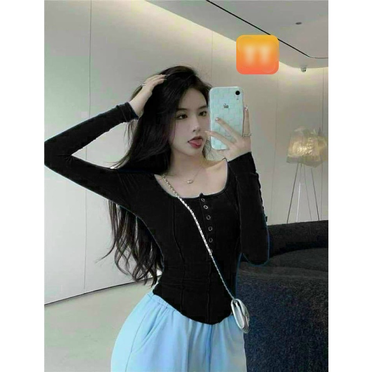 áo thun gân tay dài nút  bấm phối đường li 2 bên sườn li