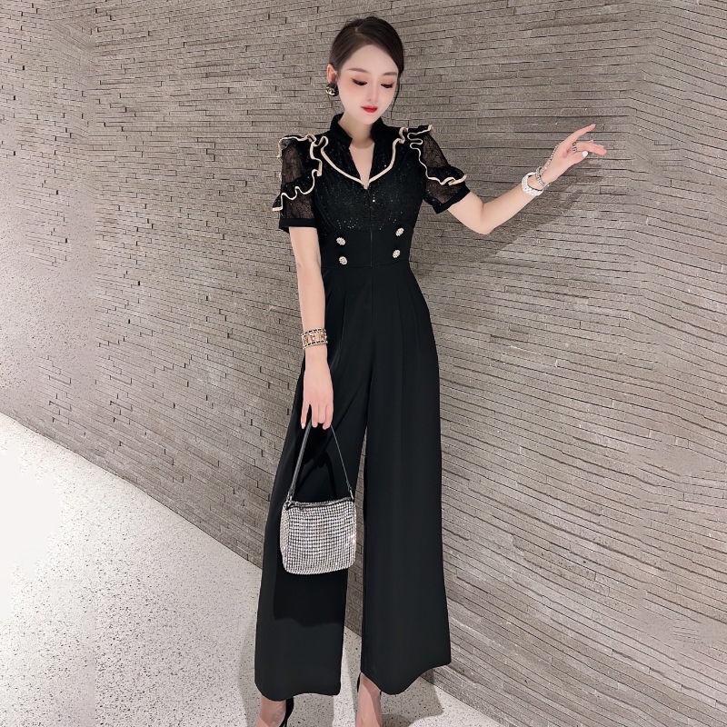 Bộ đồ liền quần Yếm quần tất cả trong một Quần cạp cao dành cho phụ nữ Bộ đồ liền quần voan eo cao màu đen Thời trang mùa hè