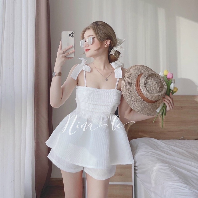 Set áo hai dây babydoll chất vải tapta kèm ảnh thật, set tiểu thư nữ áo cổ vuông xếp ly, bộ đùi nữ màu pastel đáng yêu
