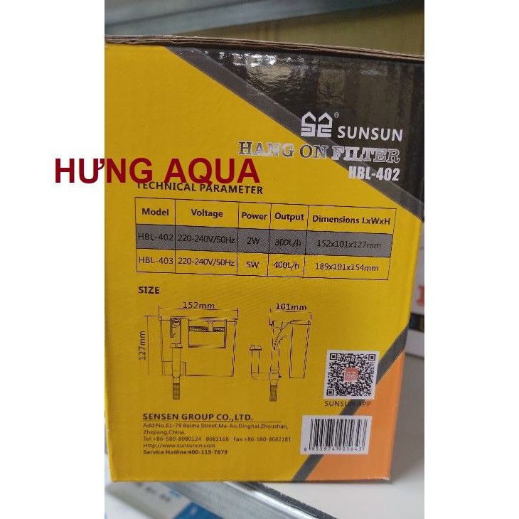 Lọc thác bể cá SunSun HBL 402 2W, Hết hàng HBL 403 5W tiết kiệm điện, tích hợp lọc váng (chính hãng)