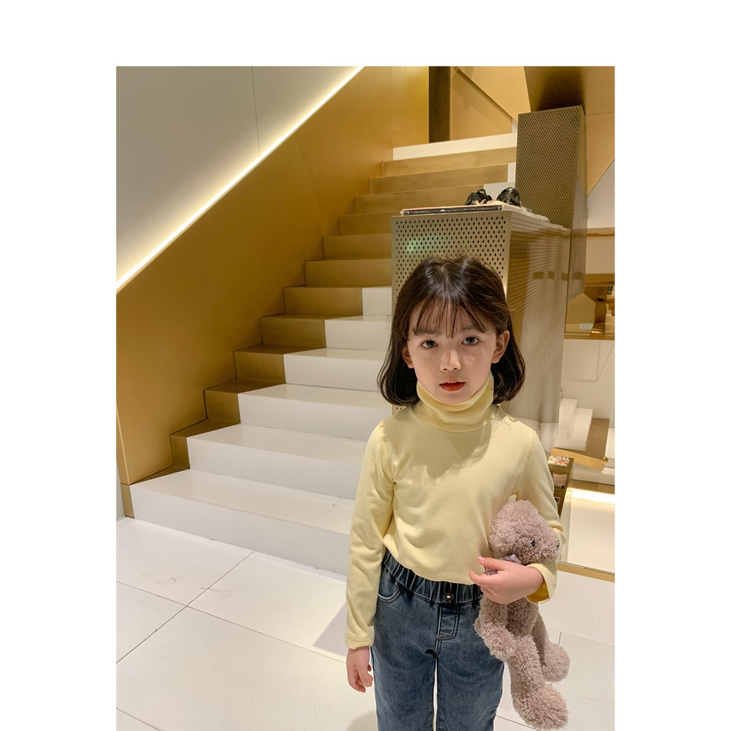 Girls' round neck middle neck basic shirt children's solid striped high collar cashmere T-shirt 2021 new autumn and winter fashion