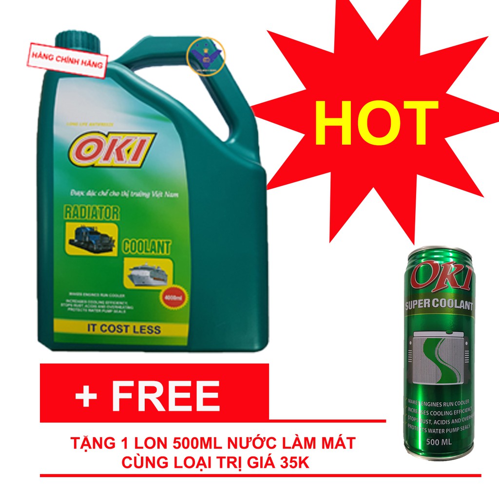 [Quà tặng] Nước làm mát màu xanh OKI Radiator Coolant can 4L tặng lon 500ml