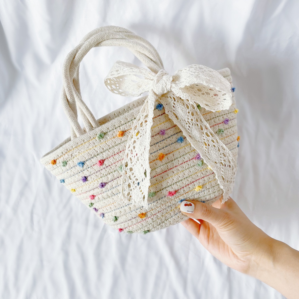 Túi xách dệt sợi mini có đính nơ ruy băng nhiều màu sắc phong cách Hàn Quốc mới thời trang dành cho nữ