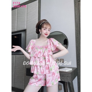 Đồ ngủ lụa latin áo xếp tầng quần đùi - đồ bộ suli