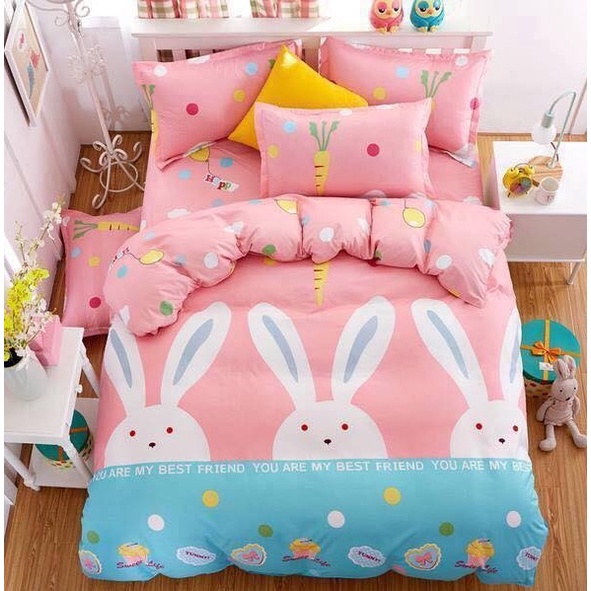 Ga Trải Giường 1M2X1M9 Vải cotton poly mềm mịn-mẫu thỏ hồng