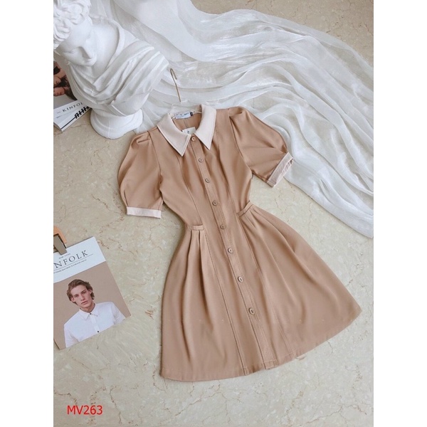 ĐẦM SƠMI VINTAGE CỔ PHỐI TRẮNG