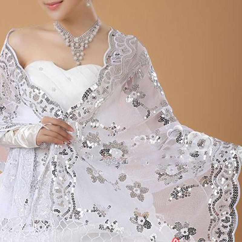 Xiangbao Đầm Cưới Phối Ren Trắng Thêu Họa Tiết Đính Kim Sa Phối Khăn Choàng Cho Nữ