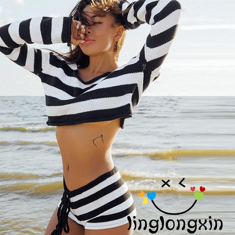 Set Đồ 2 Món Gồm Áo Dệt Kim Màu Trơn / Áo Trễ Vai + Quần Ngắn Lưng Thun Cho Nữ
