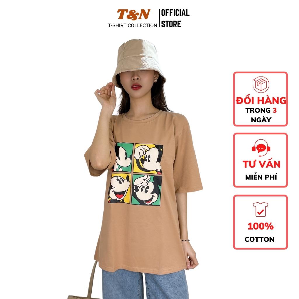 Áo thun nữ tay lỡ form rộng giấu quần T&N TSHIRT COLLECTION in hình Mickey dễ thương, chất cotton 100%  A27165
